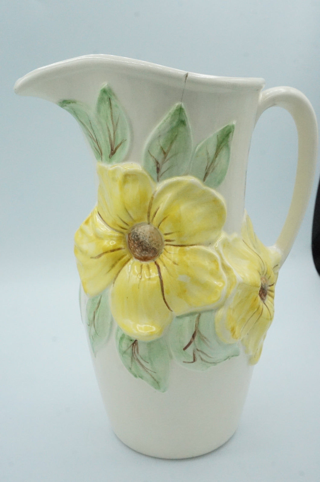 Vintage Bright Yellow Flowers Pitcher with Handle, Ceramic, Holland Mold