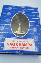 Load image into Gallery viewer, Nag Champa Dhoop Cones with mini Stand, 12 Ct. in Box - ohiohippiessmokeshop.com
